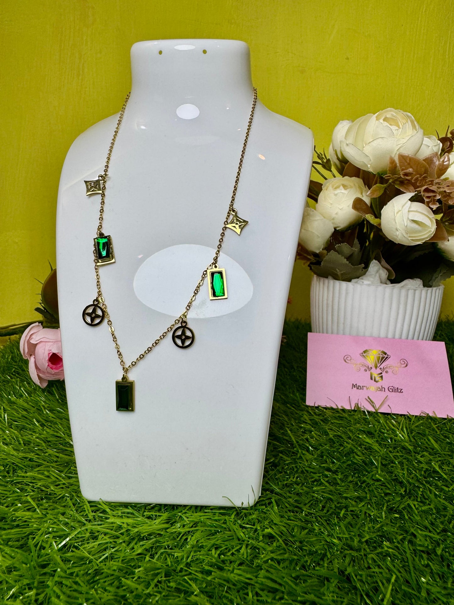 LV inspired White and Green Gem Necklace Collection | Timeless Luxury and Bold Elegance