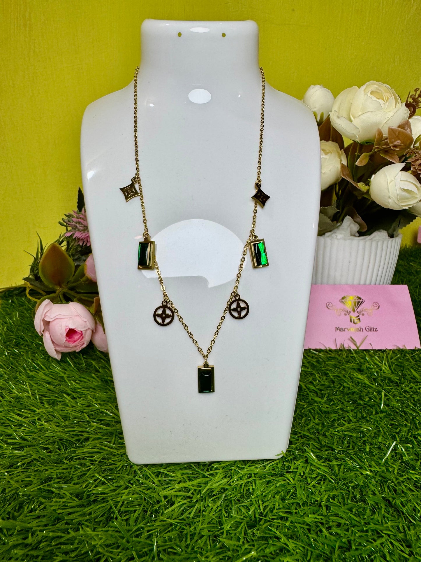 LV inspired White and Green Gem Necklace Collection | Timeless Luxury and Bold Elegance