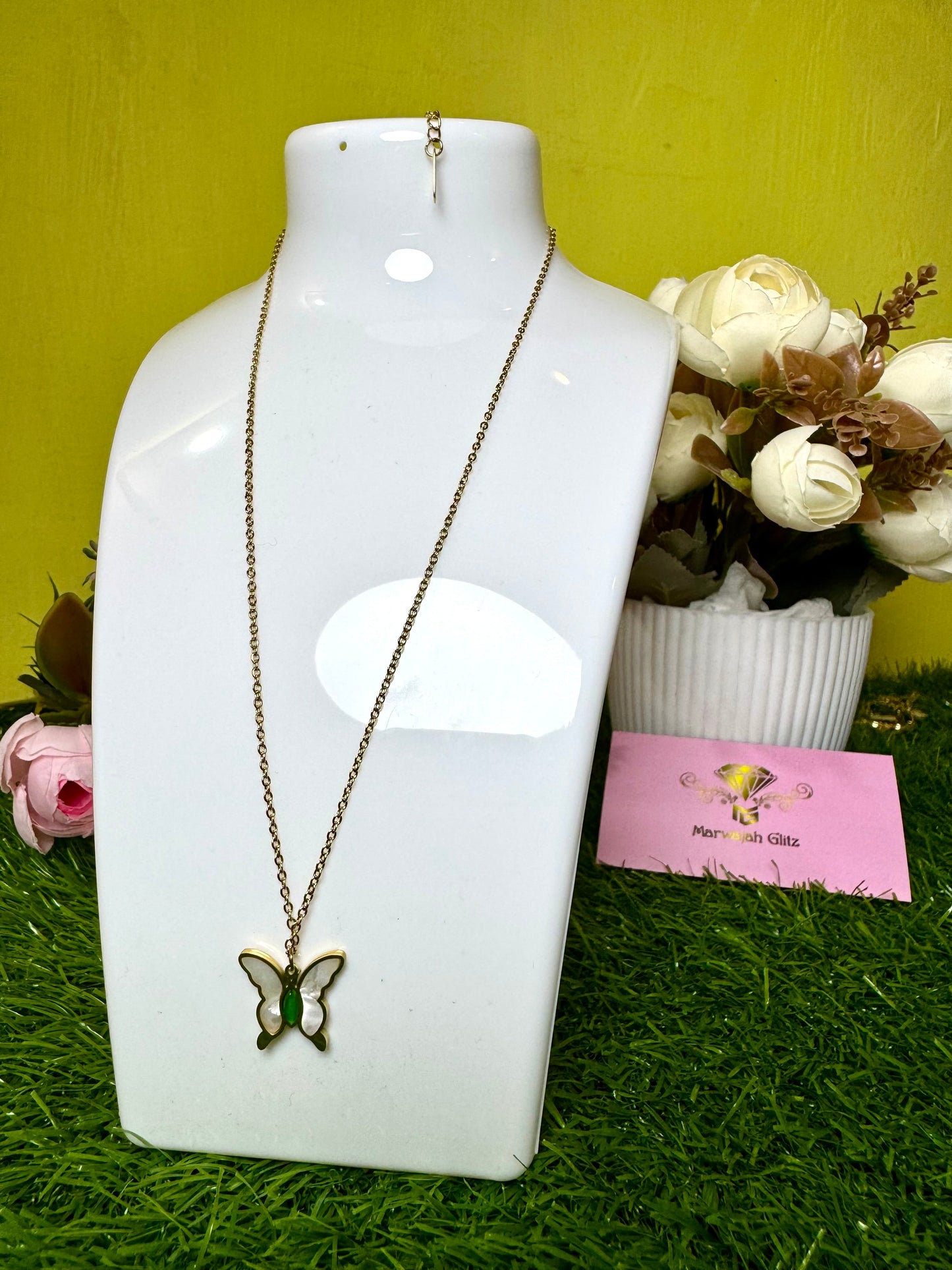 White and Green Butterfly Necklace | Elegant and Nature-Inspired Luxury