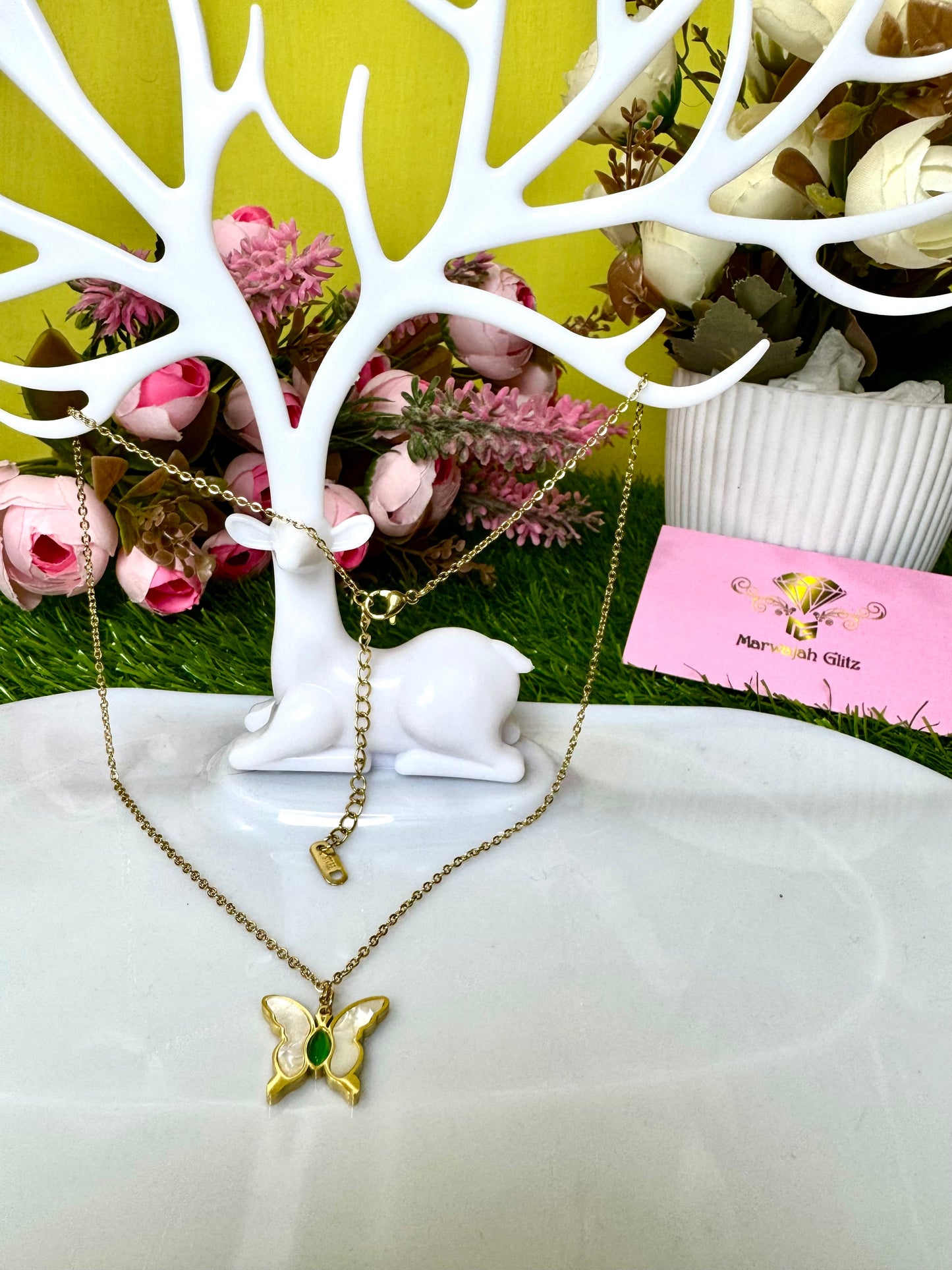 White and Green Butterfly Necklace | Elegant and Nature-Inspired Luxury