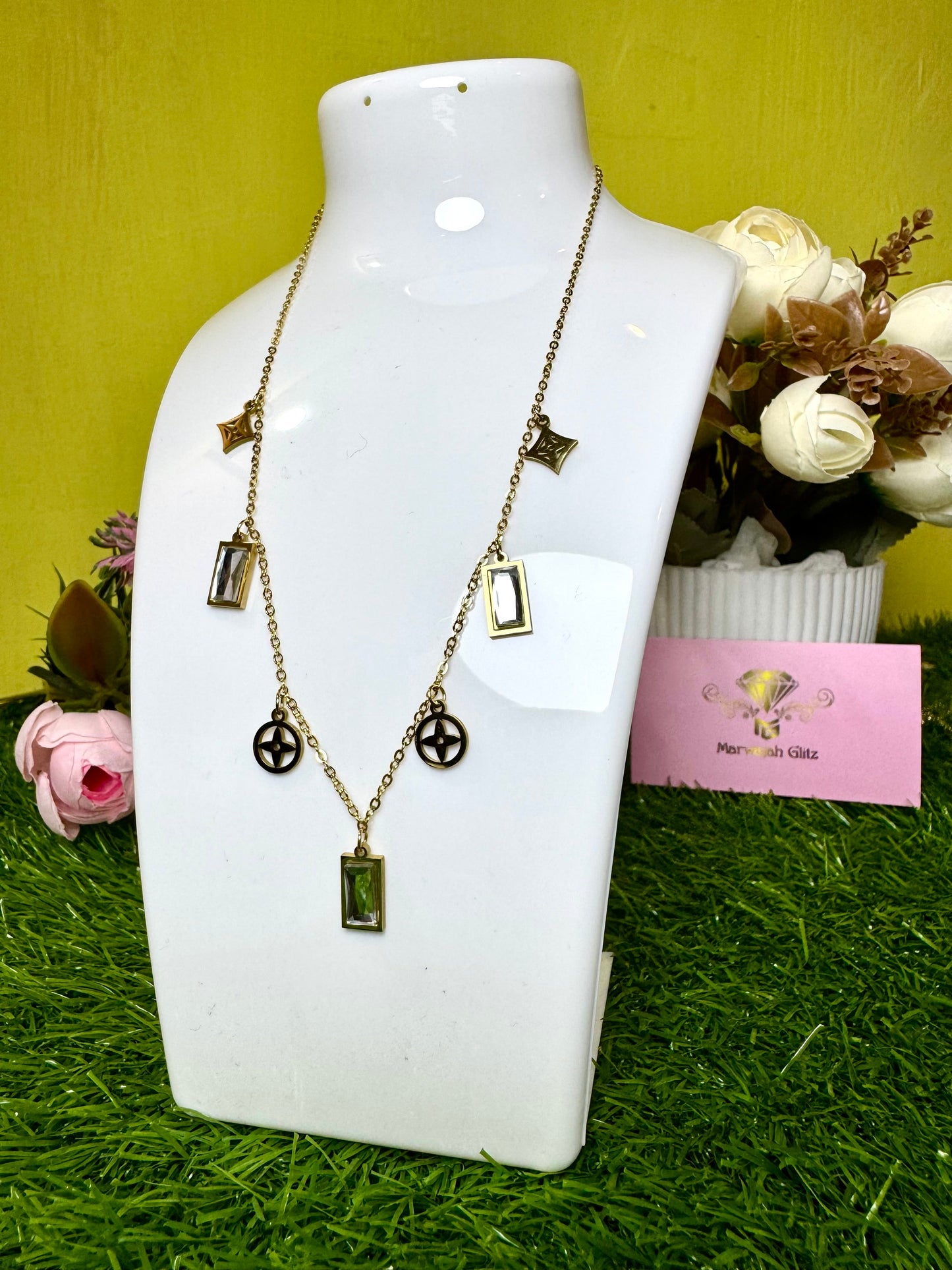 LV inspired White and Green Gem Necklace Collection | Timeless Luxury and Bold Elegance