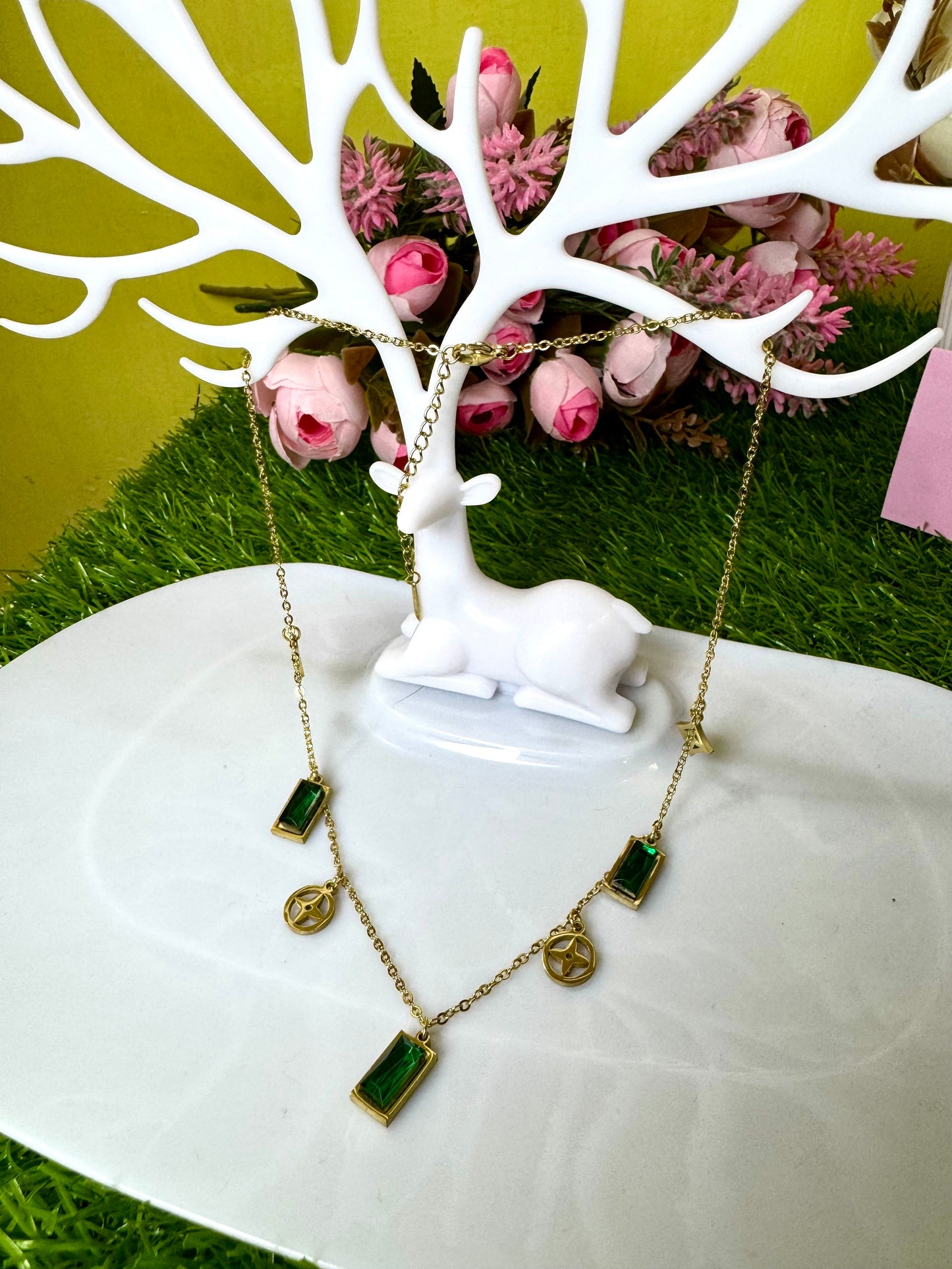 LV inspired White and Green Gem Necklace Collection | Timeless Luxury and Bold Elegance